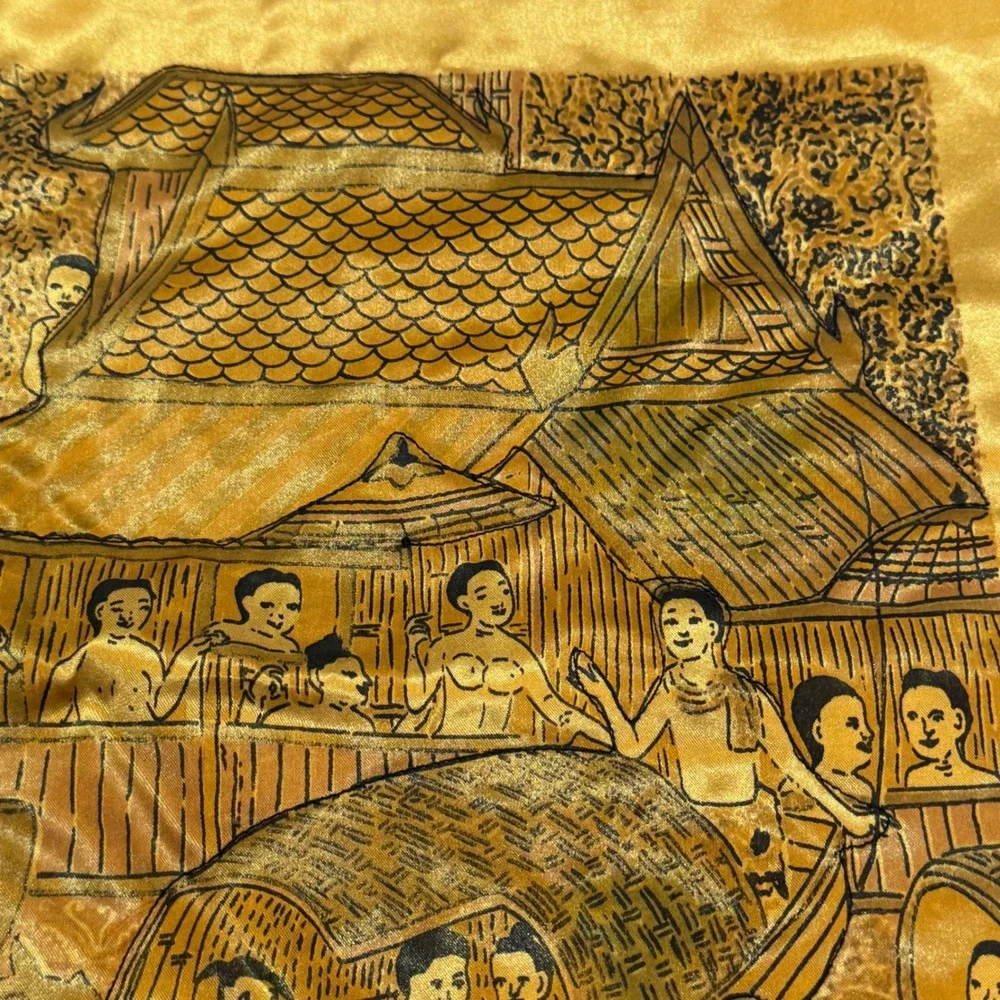 Vintage Thai Silk Pillow Cover Golden Yellow Floating Market Scene 17x17 Square